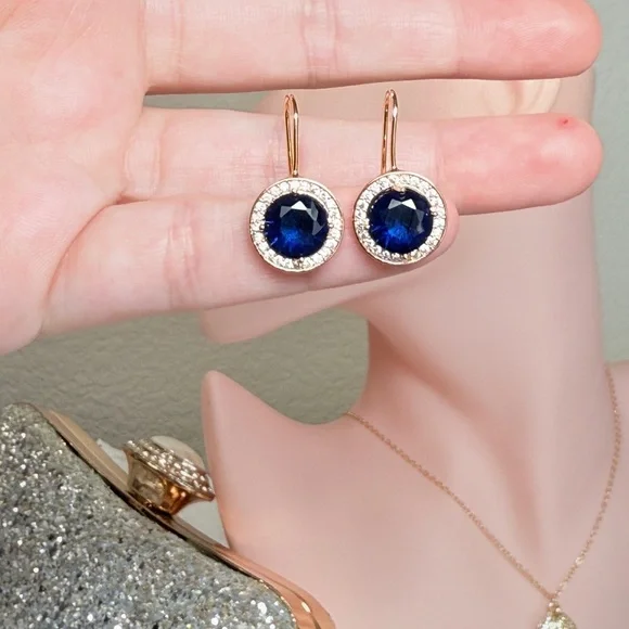 ⚜️ Elegant Gold Earrings With Blue and Clear Zirconia 💎 - Picture 7 of 11